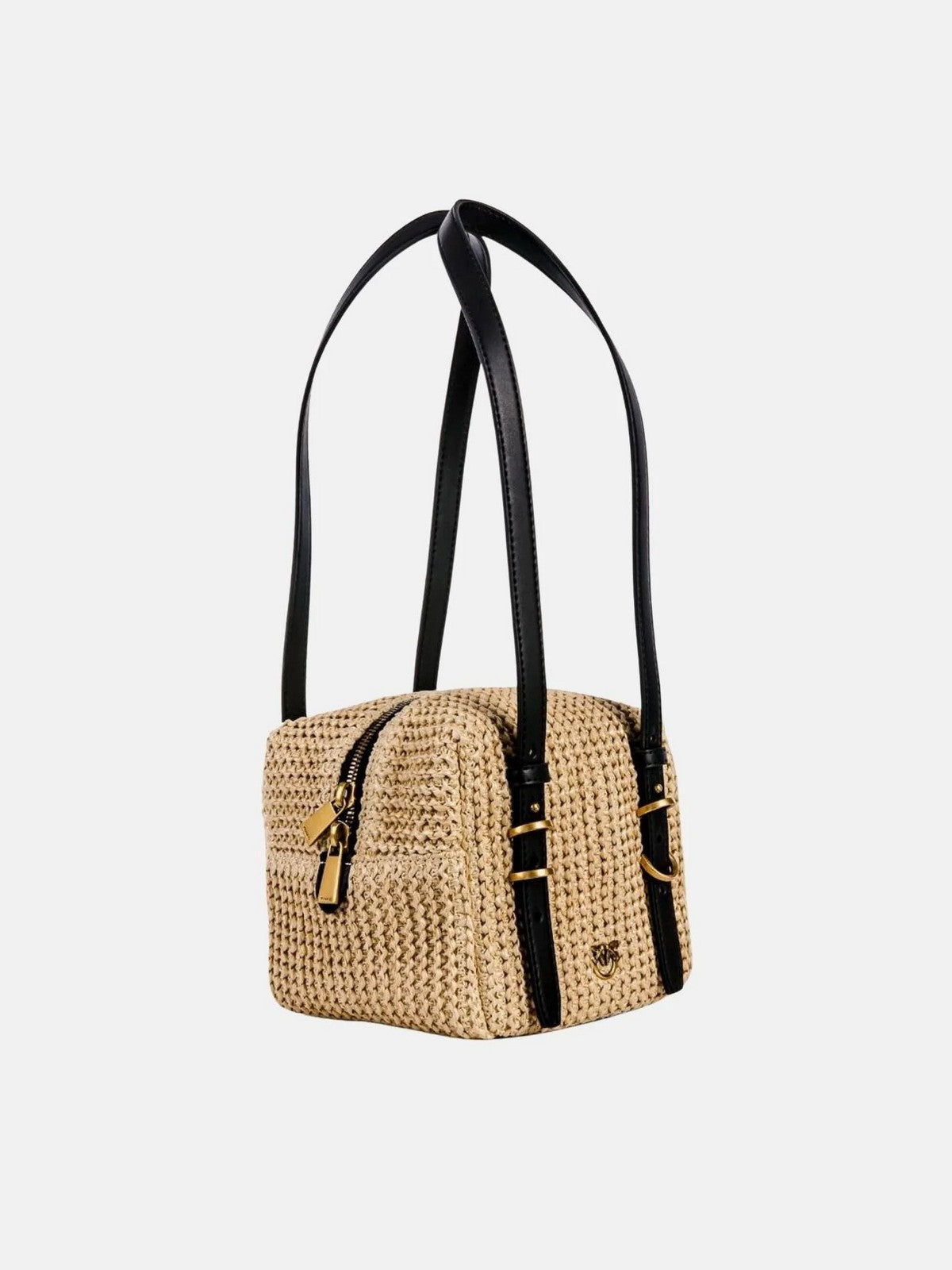 PINKO Borsa Donna CUBIC BAG RAFIA + VITELLO 106465-A391 C24Q RAFIA/NERO-ANTIQUE GOLD gioboutiqueweb