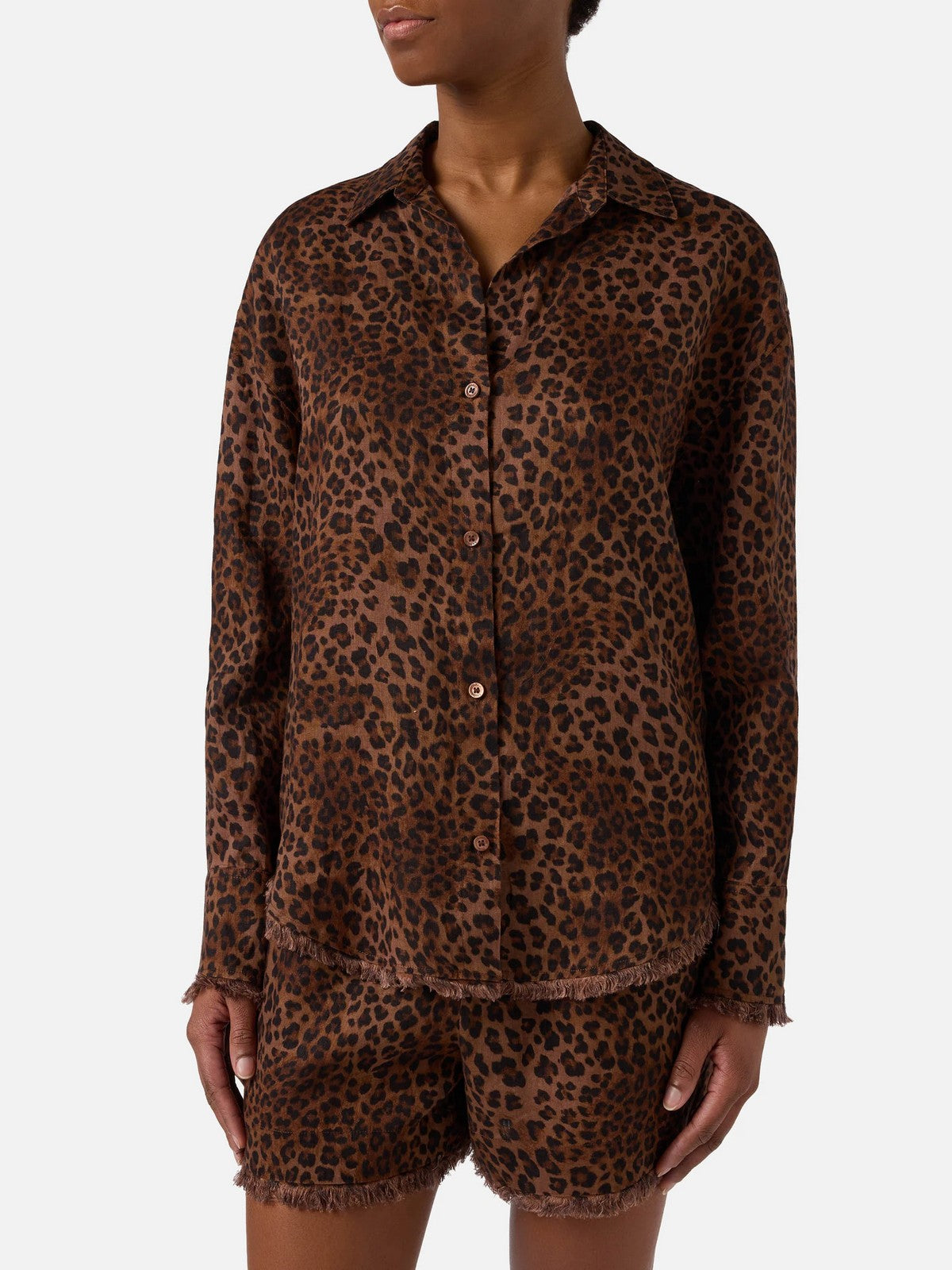 MC2 SAINT BARTH Camicia Donna  CRISTAL 07842L LINEN SAND LEOPARD 19 FRINGE gioboutiqueweb