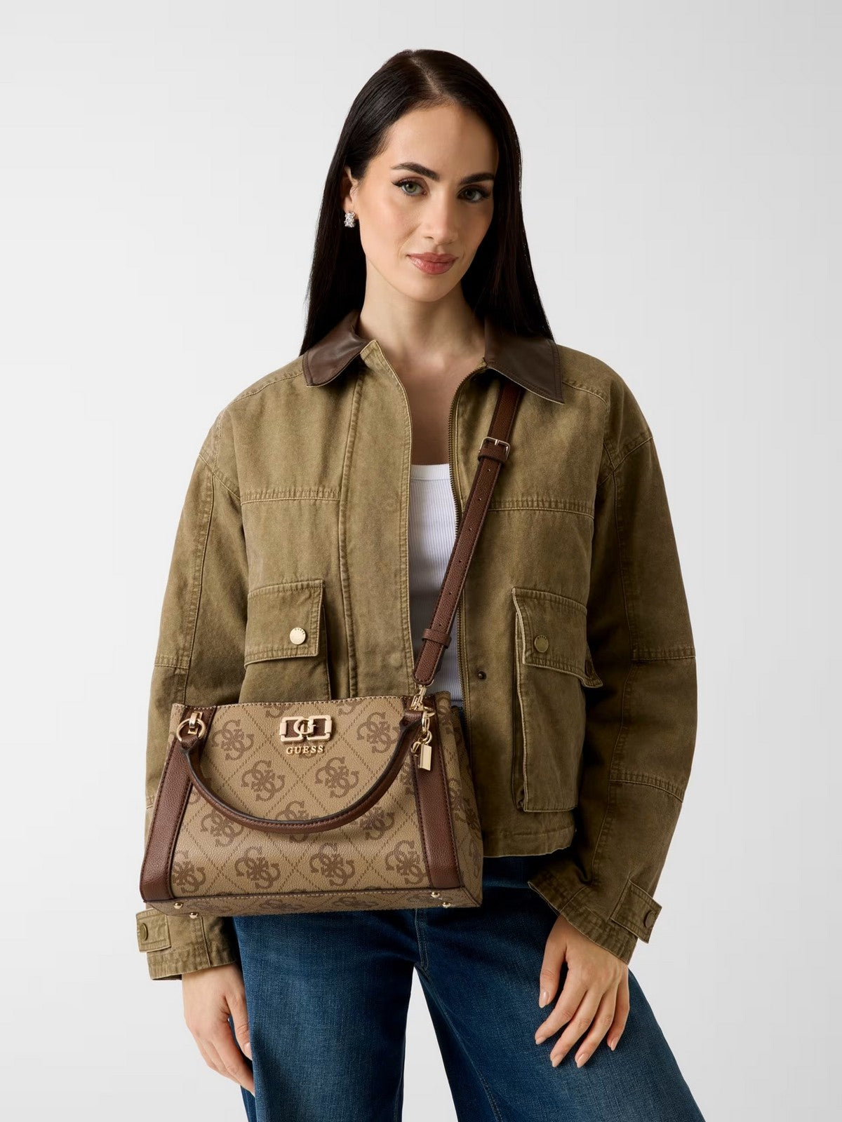 GUESS Borsa Donna KARNILLA LOGO GFRIEND SATHEL HWOS99 01060 LGW LATTE LOGO/BROWN gioboutiqueweb
