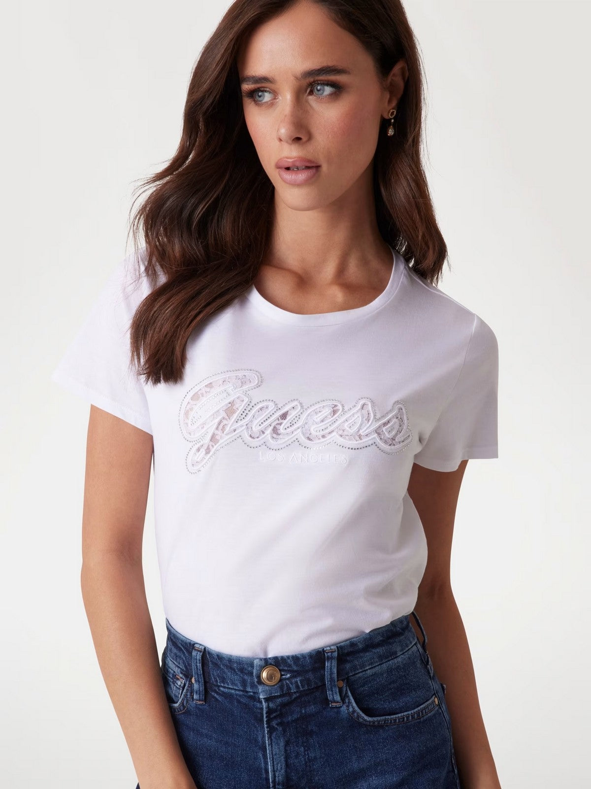 GUESS T-shirt Donna SS SCRIPT LACE LOGO EASY TEE W5RI08 K9RM1 G011 Bianco gioboutiqueweb