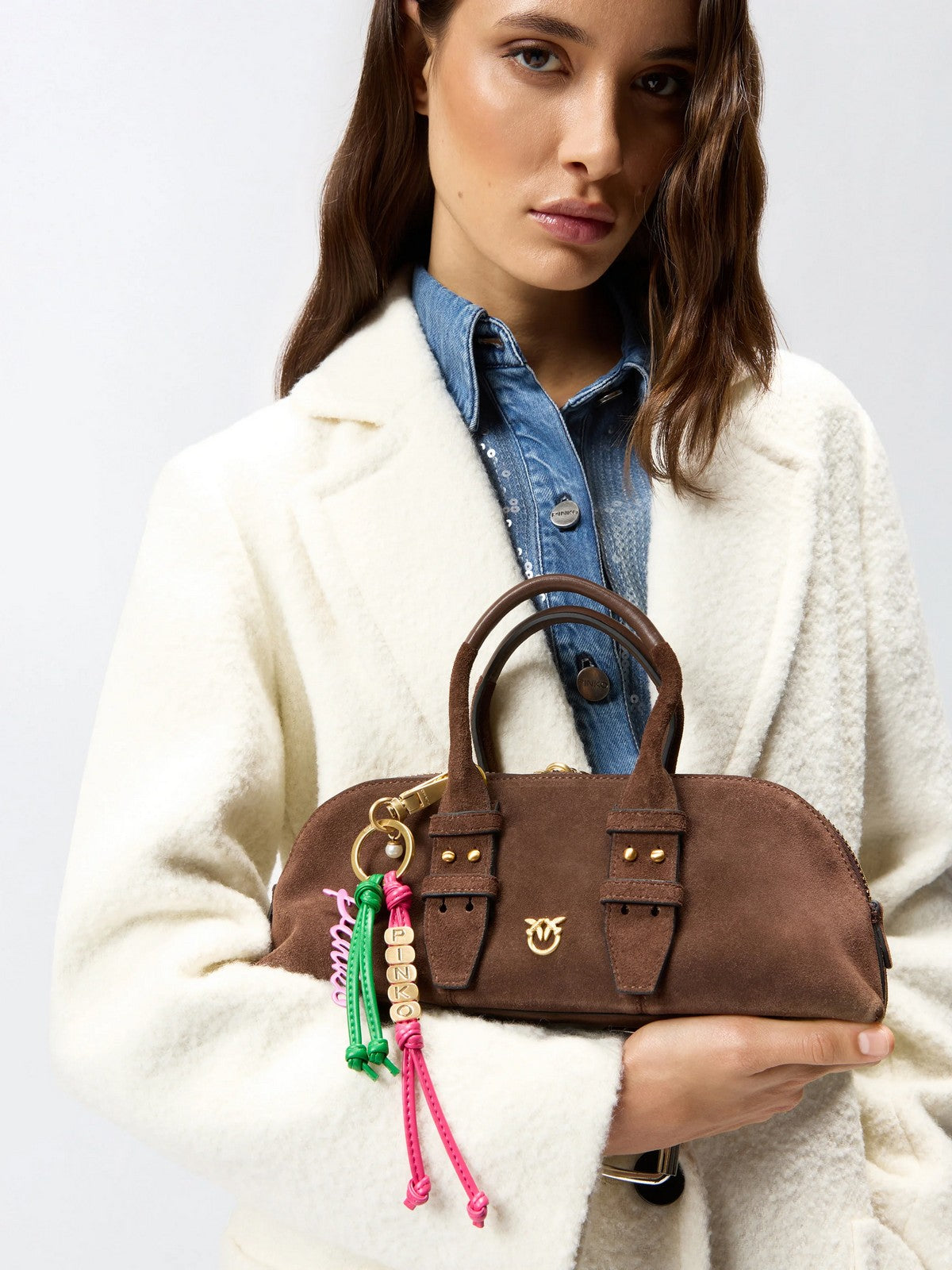 PINKO Borsa Donna BOWLING BAG HORIZONTAL SUEDE 105334-A2JH L74V MARRONE CASTANO MATT GOLD gioboutiqueweb